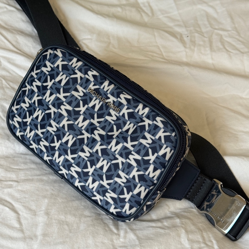 Michael Kors Blue and White Crossbody Bag with Geometric Design